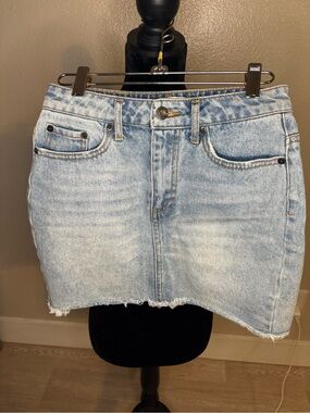 Kittenish Light Wash Distressed Denim Mini Skirt